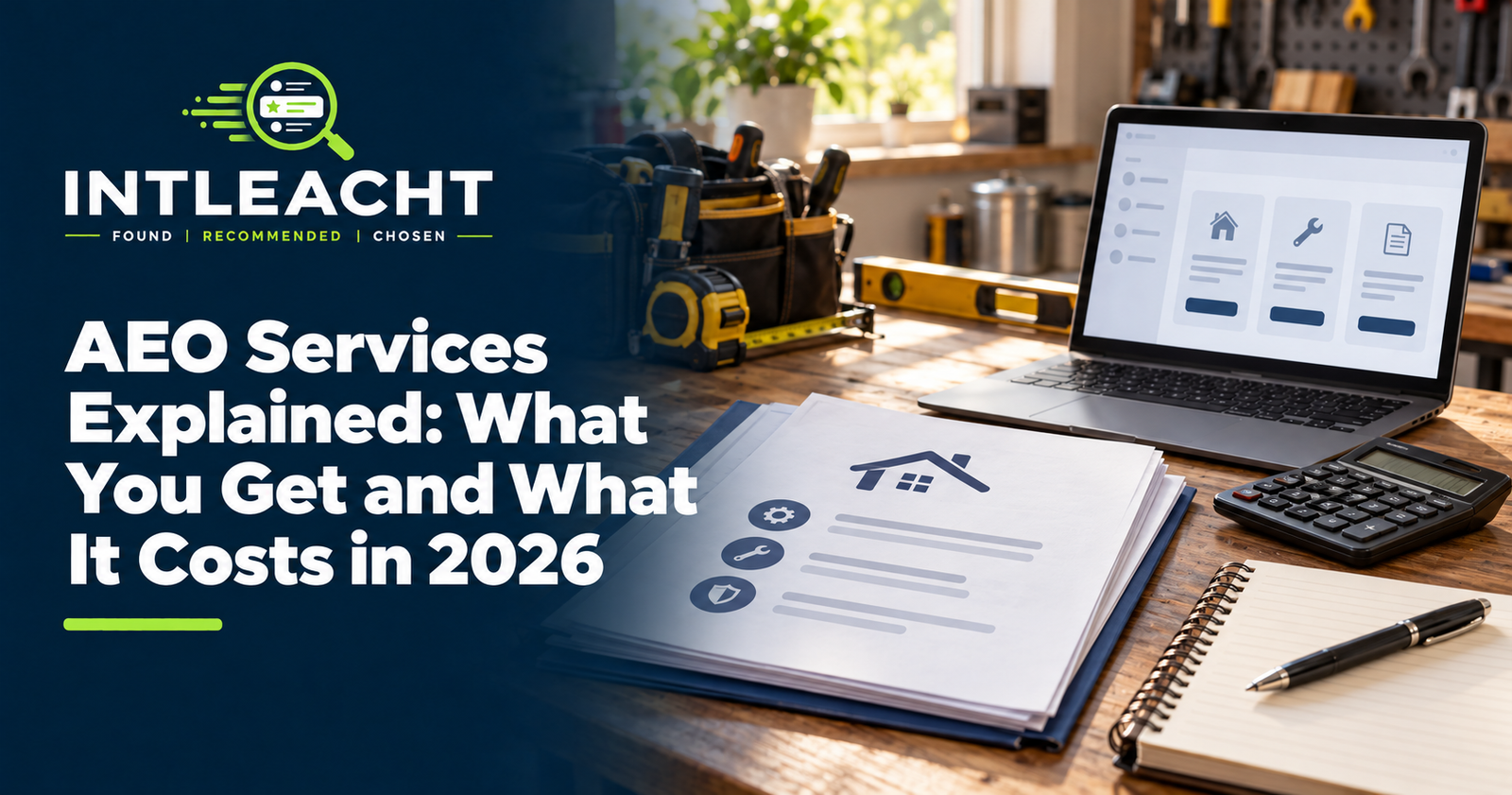 Intleacht branded graphic: AEO Services Explained: What You Get and What It Costs in 2026