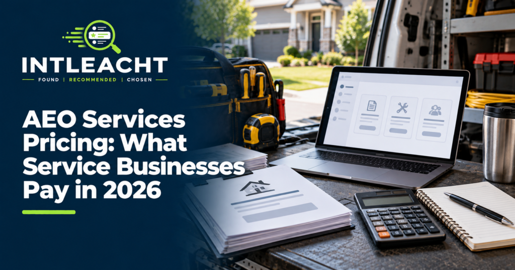 Intleacht branded graphic: AEO Services Pricing: What Service Businesses Pay in 2026