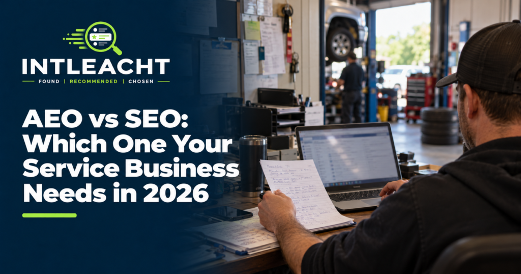 Intleacht branded graphic: AEO vs SEO: Which One Your Service Business Needs in 2026