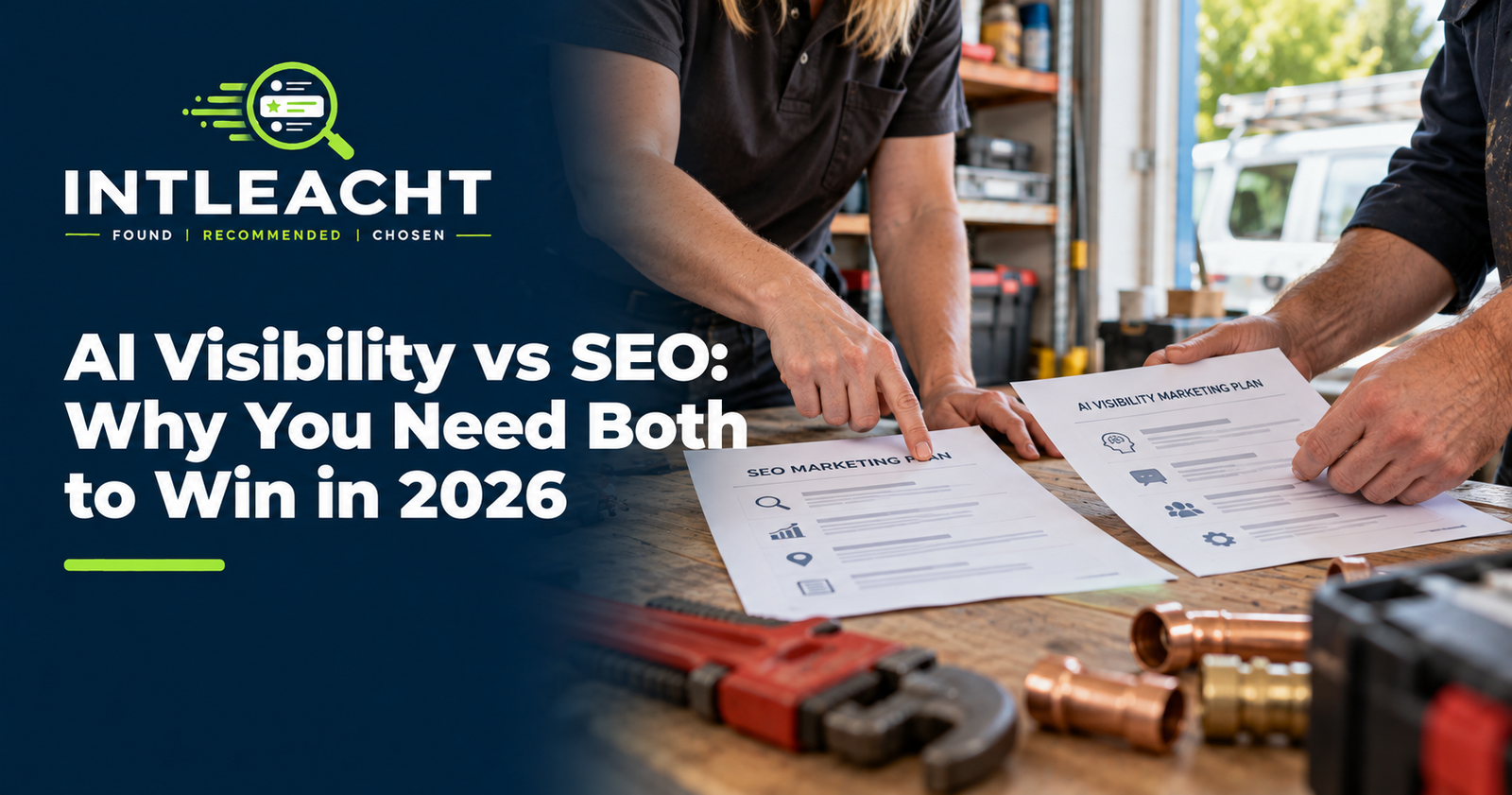 Intleacht graphic: AI Visibility vs SEO: Why You Need Both to Win in 2026. Business owners review search and AI visibility reports at a desk.