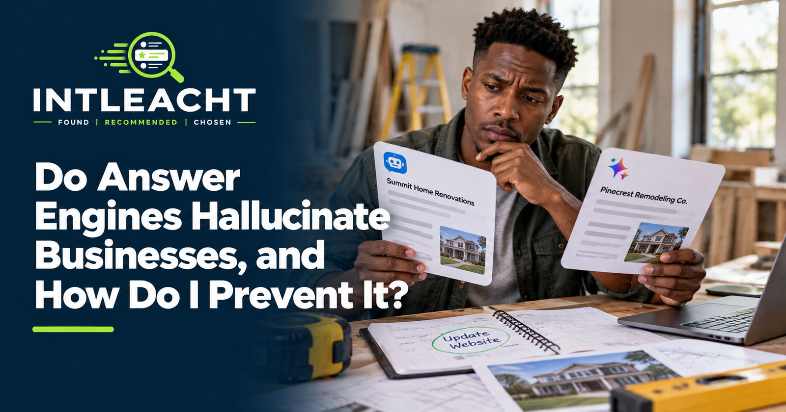 Intleacht branded graphic: Do Answer Engines Hallucinate Businesses, and How Do I Prevent It?