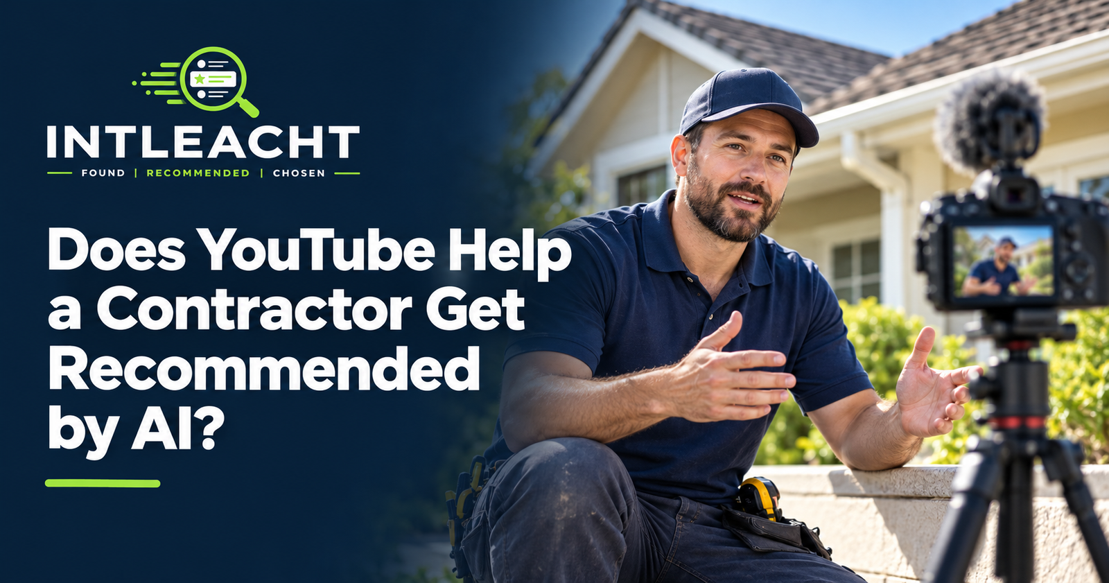 Intleacht graphic: Does YouTube Help a Contractor Get Recommended by AI? A contractor records a video outside a home.