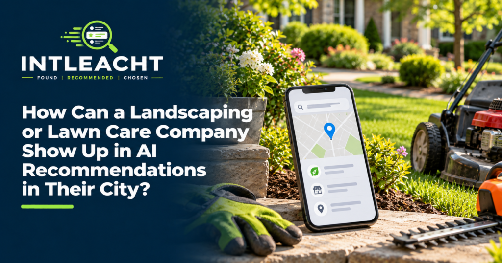 Intleacht branded graphic: How Can a Landscaping or Lawn Care Company Show Up in AI Recommendations in Their City?