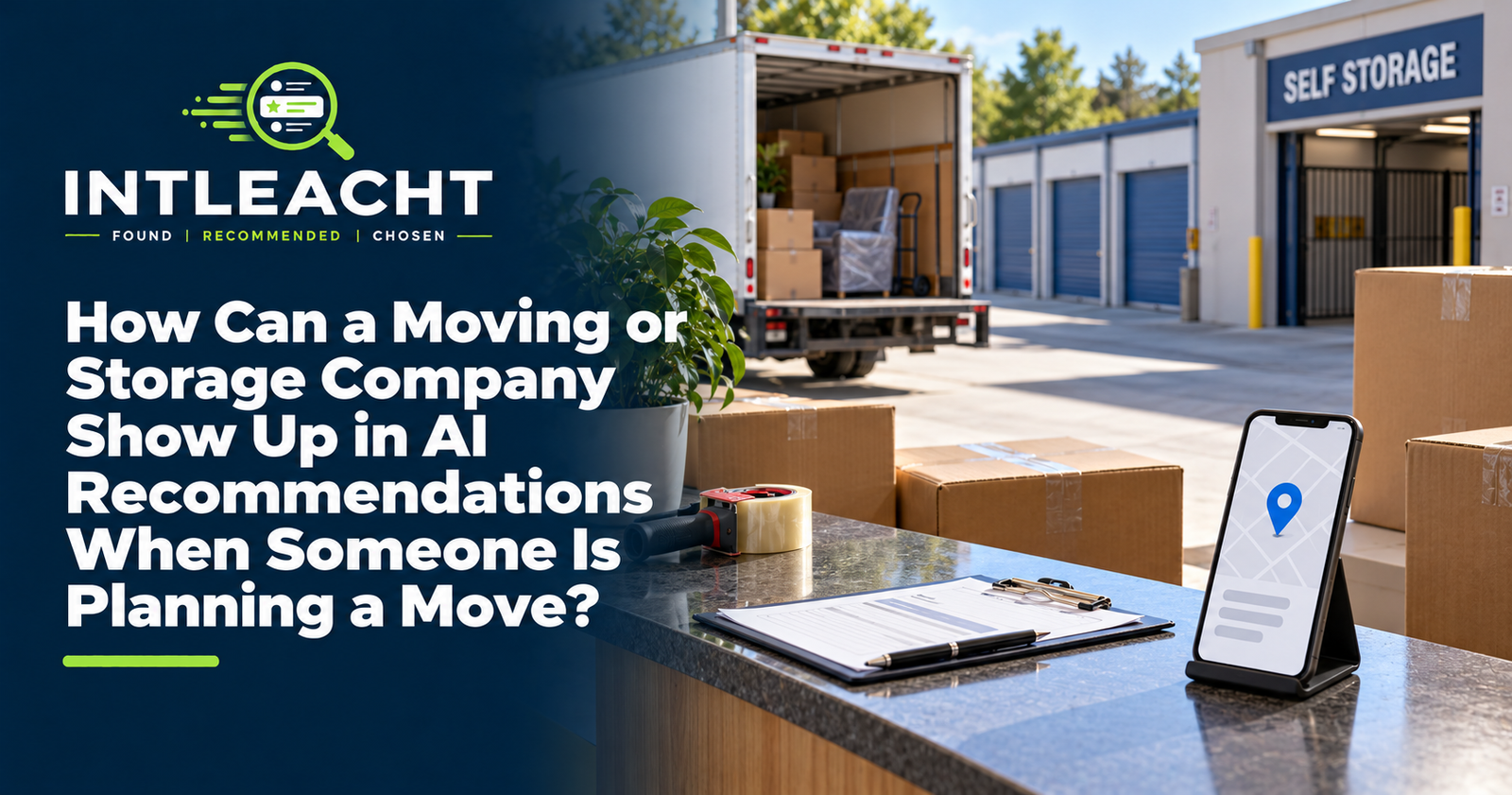 Intleacht branded graphic: How Can a Moving or Storage Company Show Up in AI Recommendations When Someone Is Planning a Move?