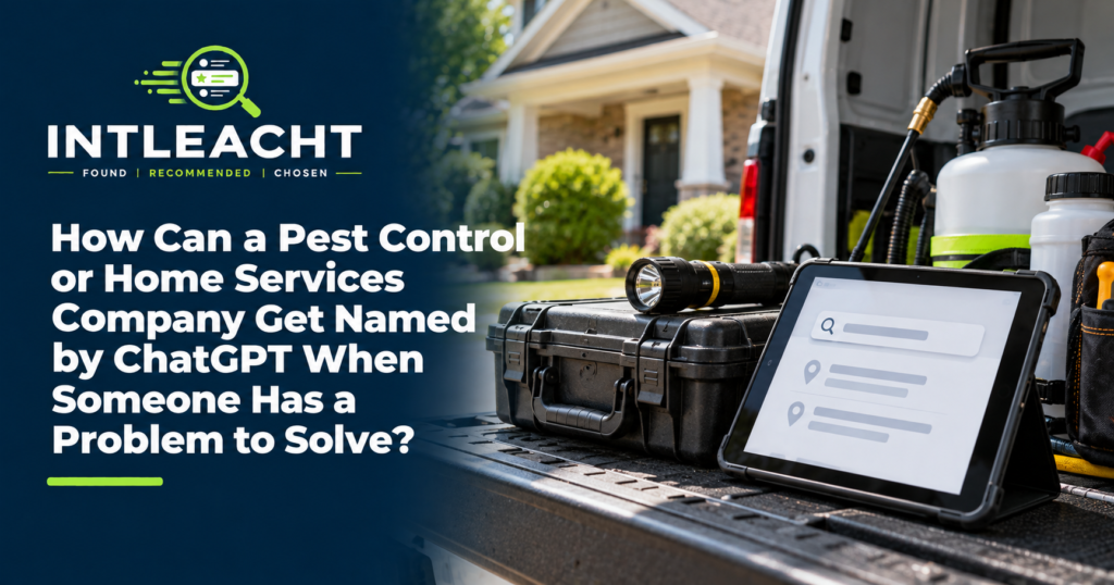 Intleacht branded graphic: How Can a Pest Control or Home Services Company Get Named by ChatGPT When Someone Has a Problem to Solve?