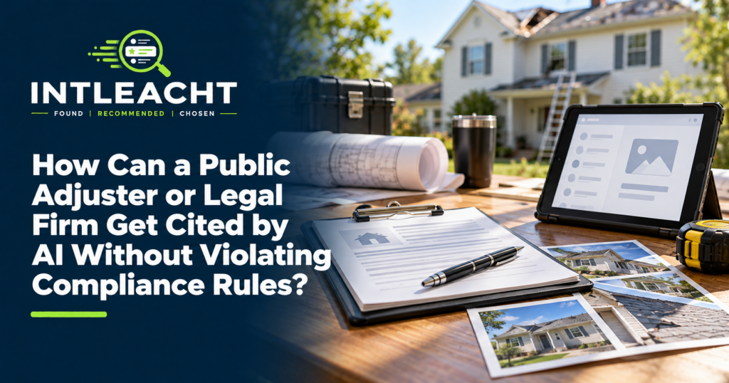 Intleacht branded graphic: How Can a Public Adjuster or Legal Firm Get Cited by AI Without Violating Compliance Rules?