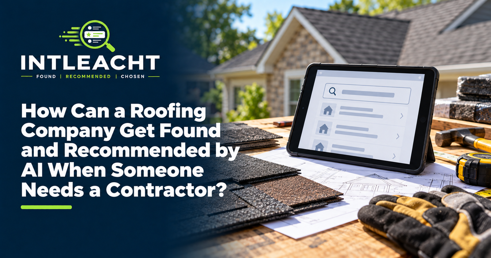 Intleacht branded graphic: How Can a Roofing Company Get Found and Recommended by AI When Someone Needs a Contractor?