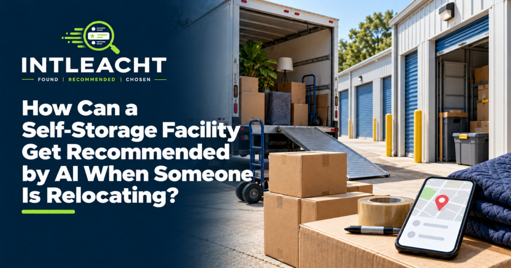 Intleacht branded graphic: How Can a Self-Storage Facility Get Recommended by AI When Someone Is Relocating?