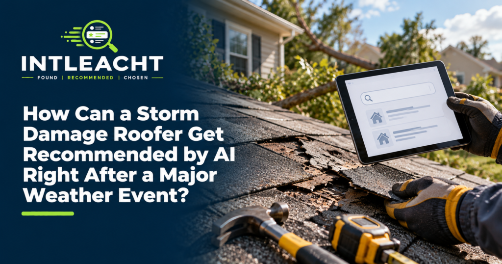 Intleacht branded graphic: How Can a Storm Damage Roofer Get Recommended by AI Right After a Major Weather Event?