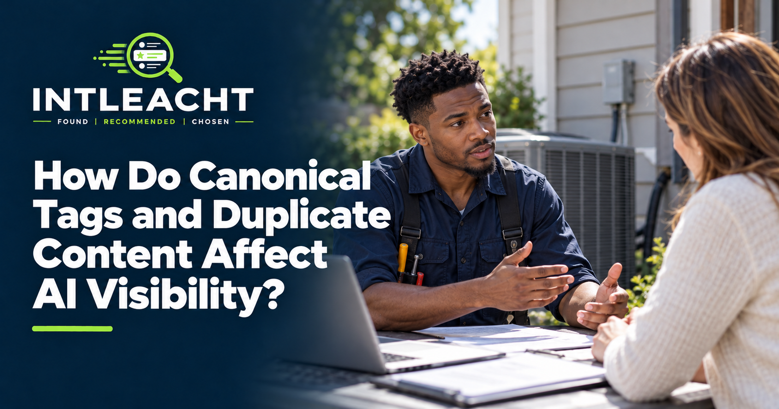 Intleacht branded graphic: How Do Canonical Tags and Duplicate Content Affect AI Visibility?