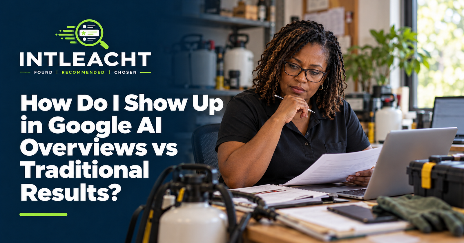 Intleacht branded graphic: How Do I Show Up in Google AI Overviews vs Traditional Results?