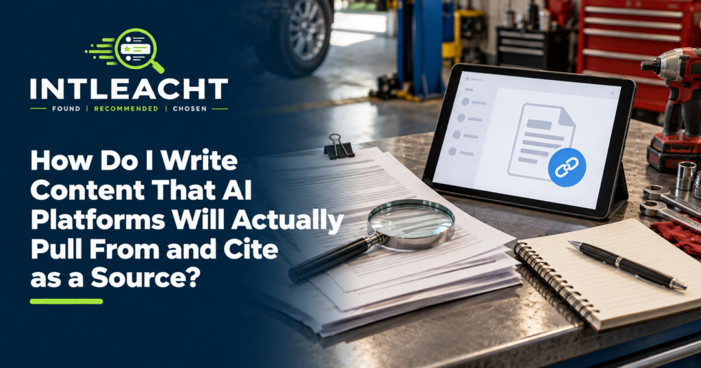 Intleacht branded graphic: How Do I Write Content That AI Platforms Will Actually Pull From and Cite as a Source?