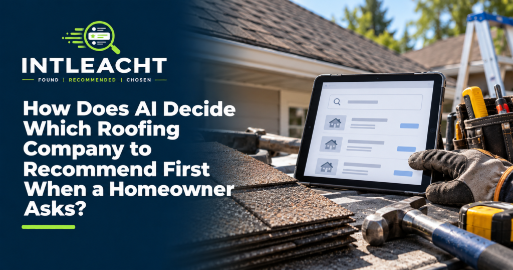 Intleacht branded graphic: How Does AI Decide Which Roofing Company to Recommend First When a Homeowner Asks?