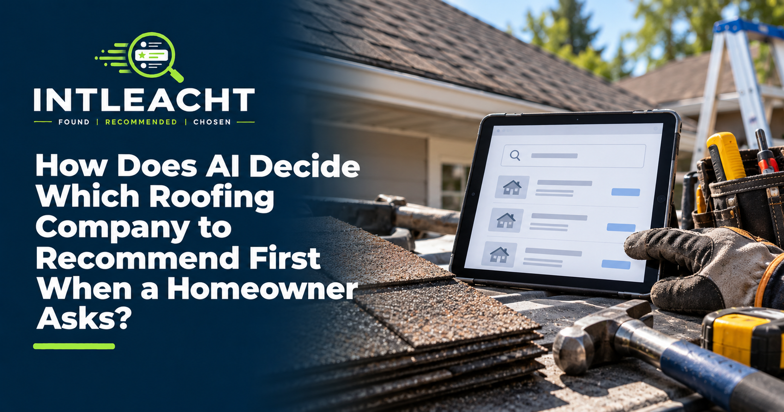 Intleacht branded graphic: How Does AI Decide Which Roofing Company to Recommend First When a Homeowner Asks?