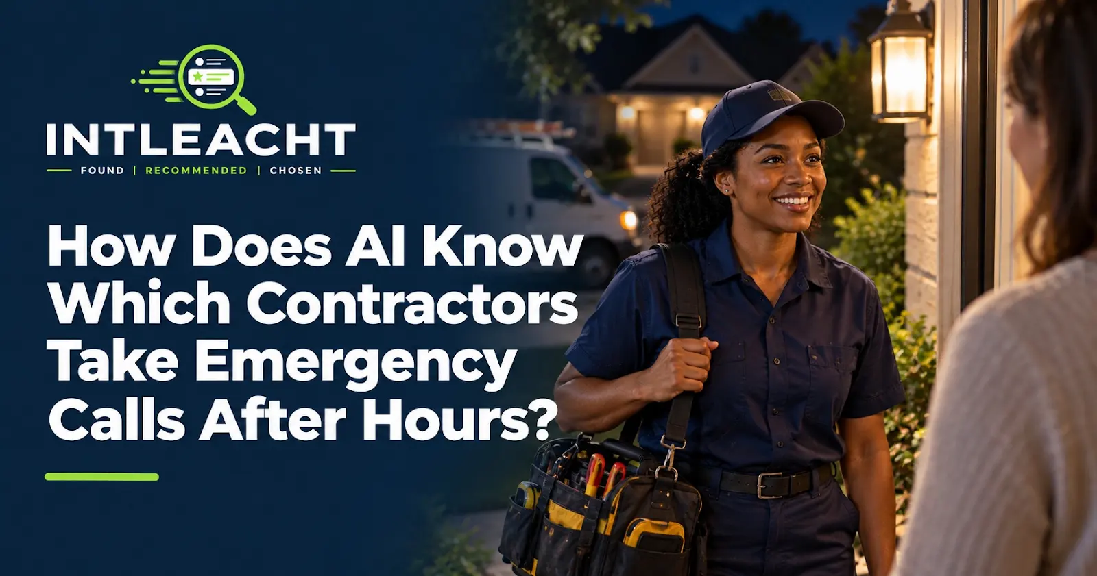 Intleacht graphic: How Does AI Know Which Contractors Take Emergency Calls After Hours? A technician with a tool bag visits a homeowner at night.