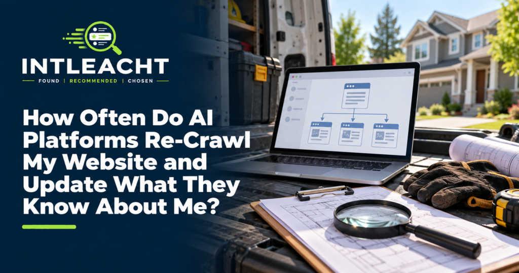 Intleacht branded graphic: How Often Do AI Platforms Re-Crawl My Website and Update What They Know About Me?