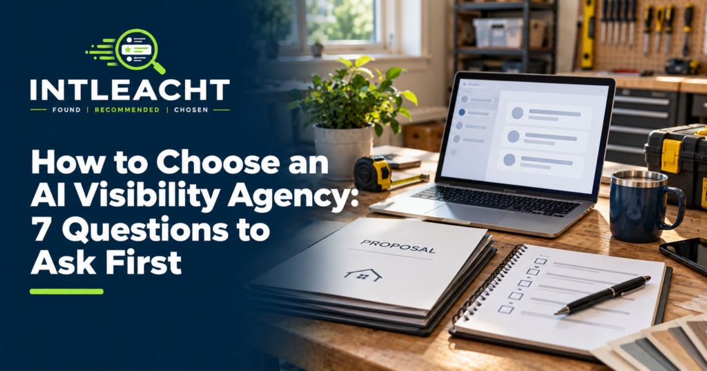 Intleacht branded graphic: How to Choose an AI Visibility Agency: 7 Questions to Ask First