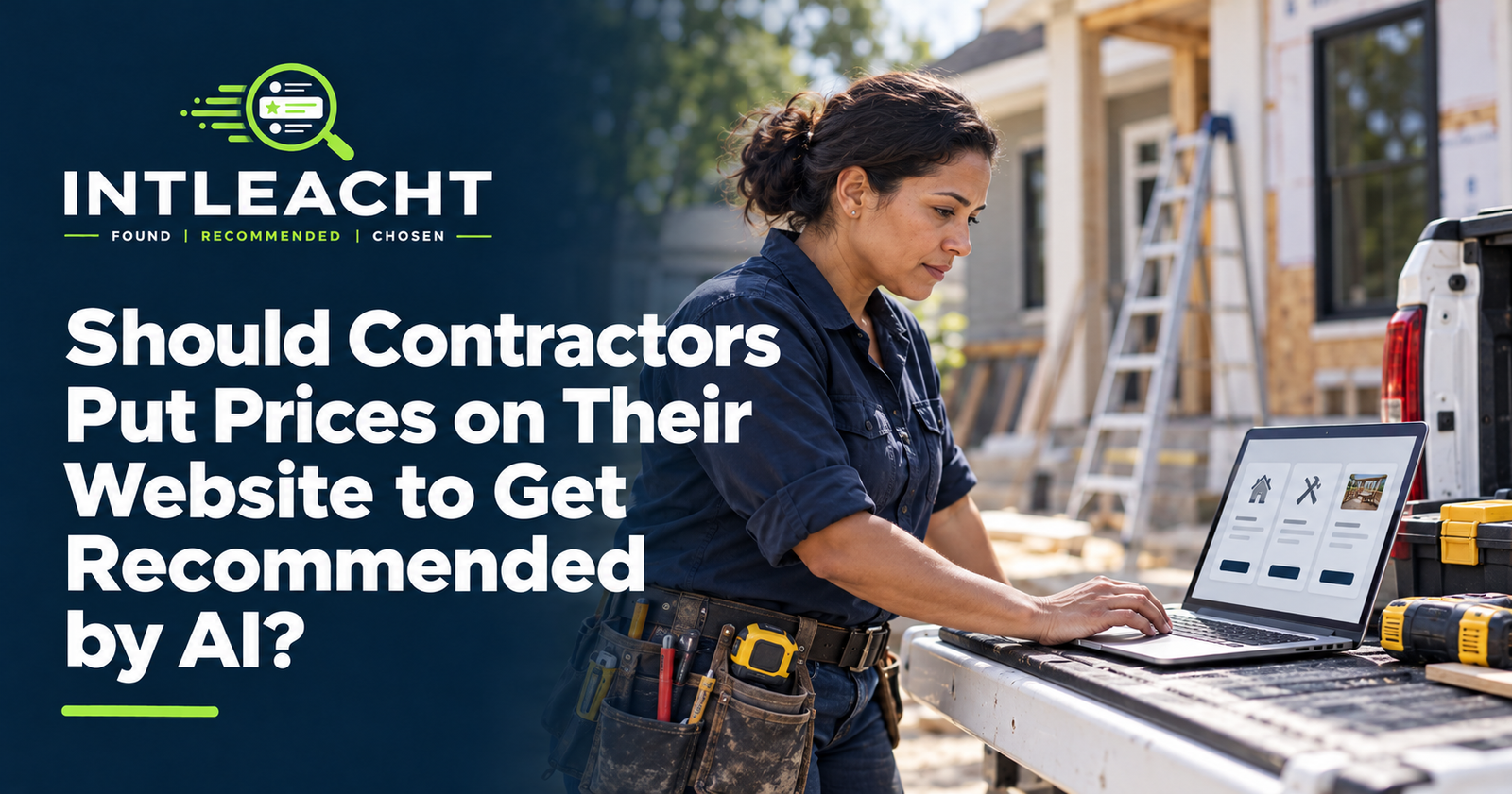 Intleacht graphic: Should Contractors Put Prices on Their Website to Get Recommended by AI? A contractor reviews pricing information on a laptop.