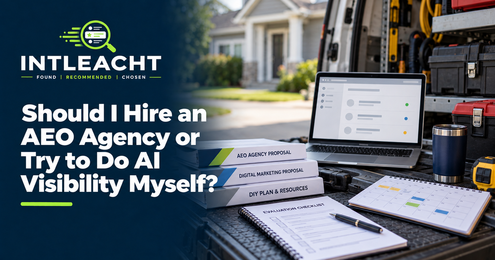 Intleacht branded graphic: Should I Hire an AEO Agency or Try to Do AI Visibility Myself?