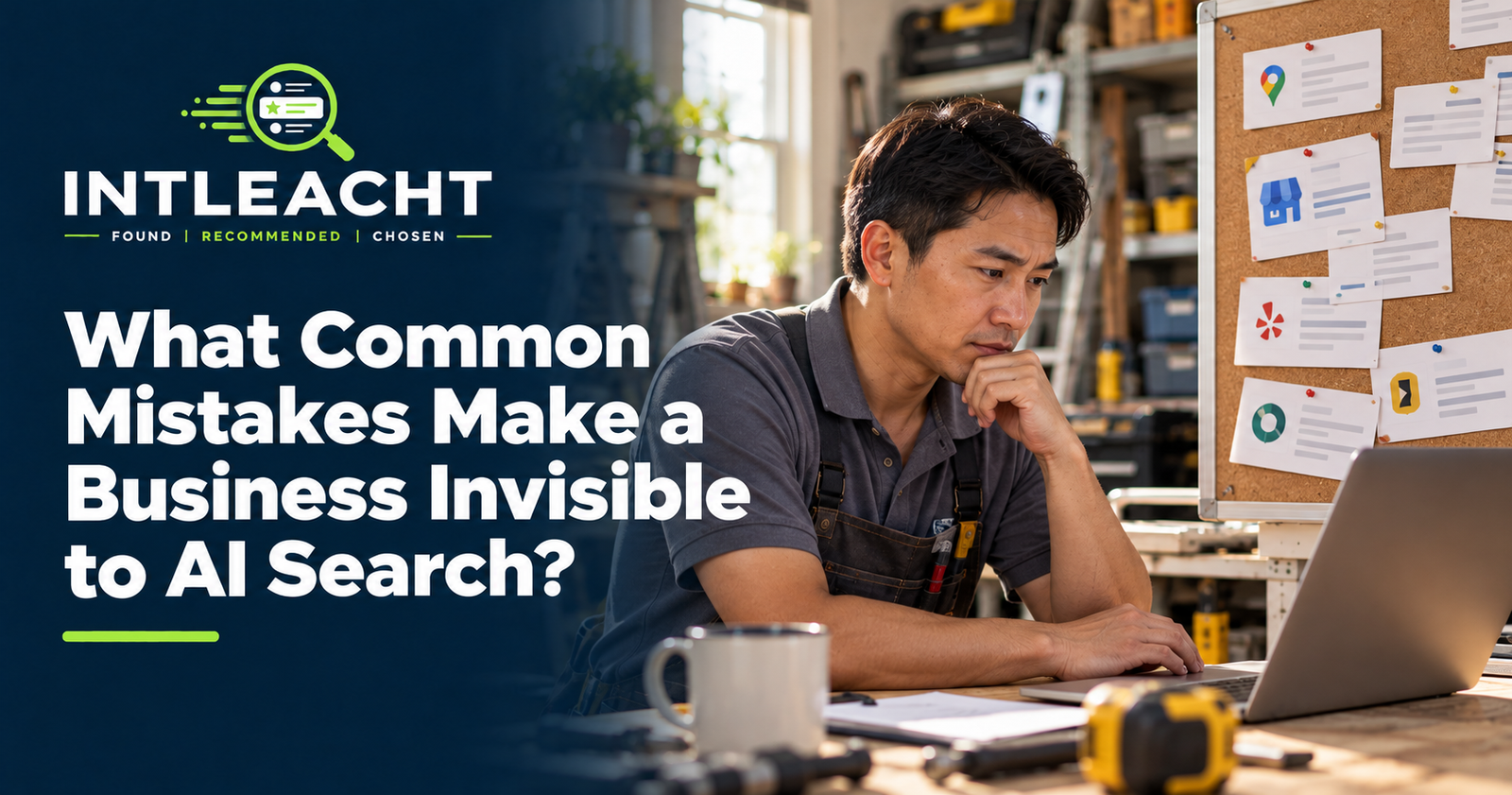 Intleacht branded graphic: What Common Mistakes Make a Business Invisible to AI Search?