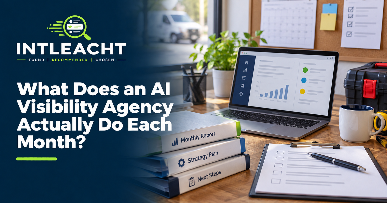 Intleacht branded graphic: What Does an AI Visibility Agency Actually Do Each Month?