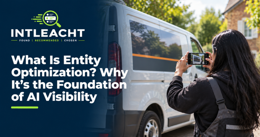 Intleacht branded graphic: What Is Entity Optimization? Why It’s the Foundation of AI Visibility