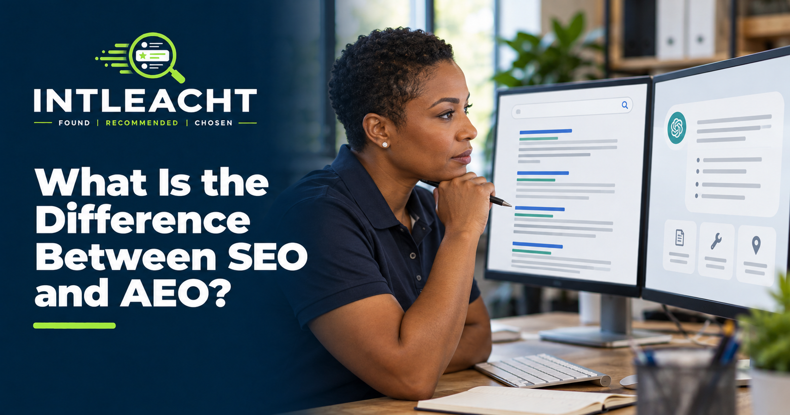 Intleacht branded graphic: What Is the Difference Between SEO and AEO?