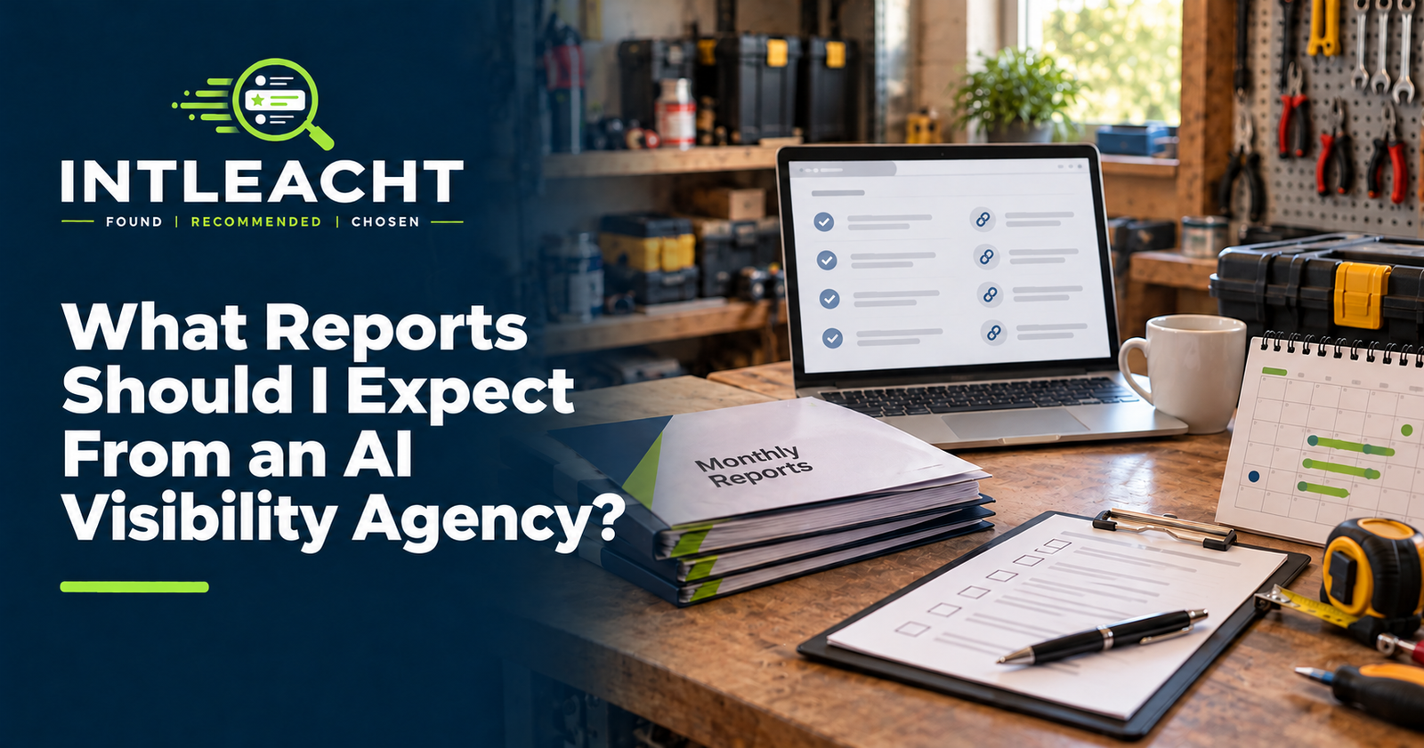 Intleacht branded graphic: What Reports Should I Expect From an AI Visibility Agency?