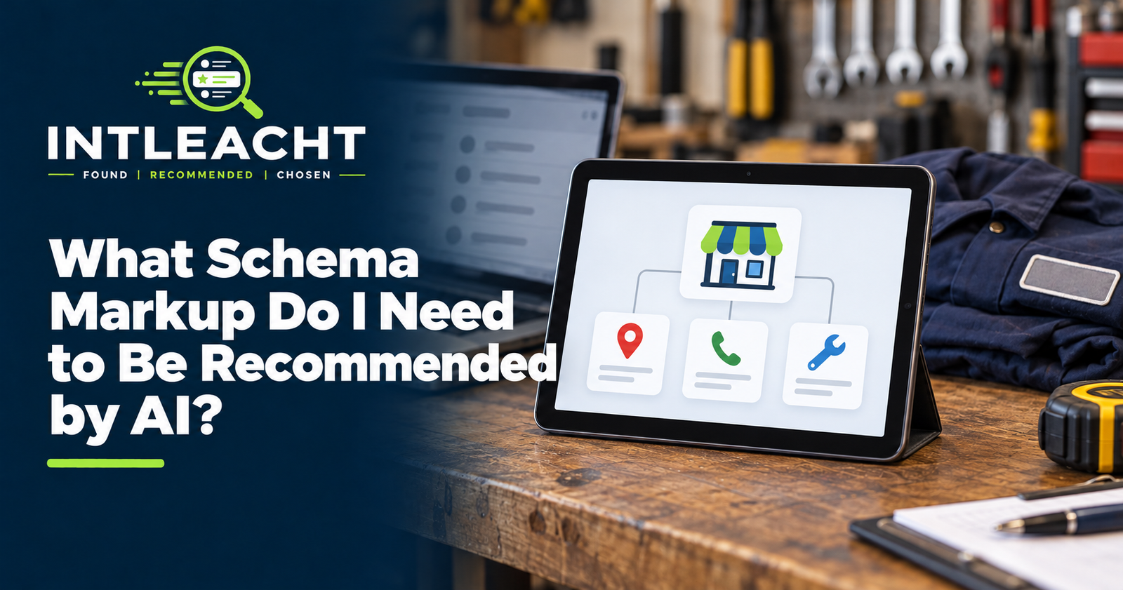 Intleacht branded graphic: What Schema Markup Do I Need to Be Recommended by AI?