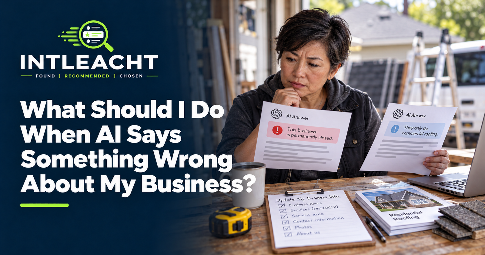 Intleacht branded graphic: What Should I Do When AI Says Something Wrong About My Business?
