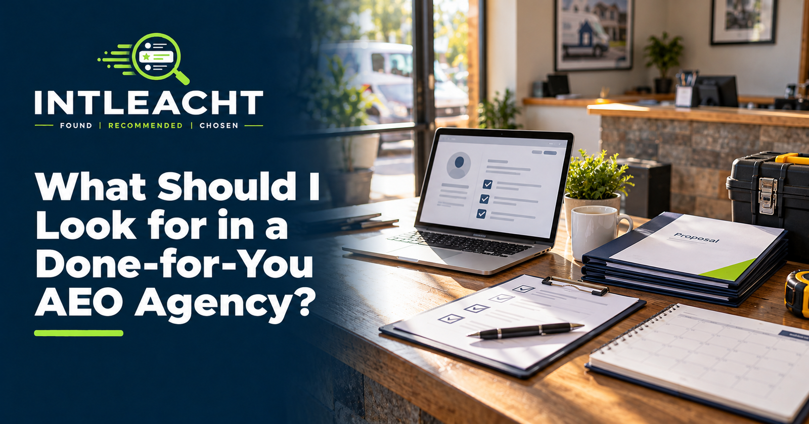 Intleacht branded graphic: What Should I Look for in a Done-for-You AEO Agency?