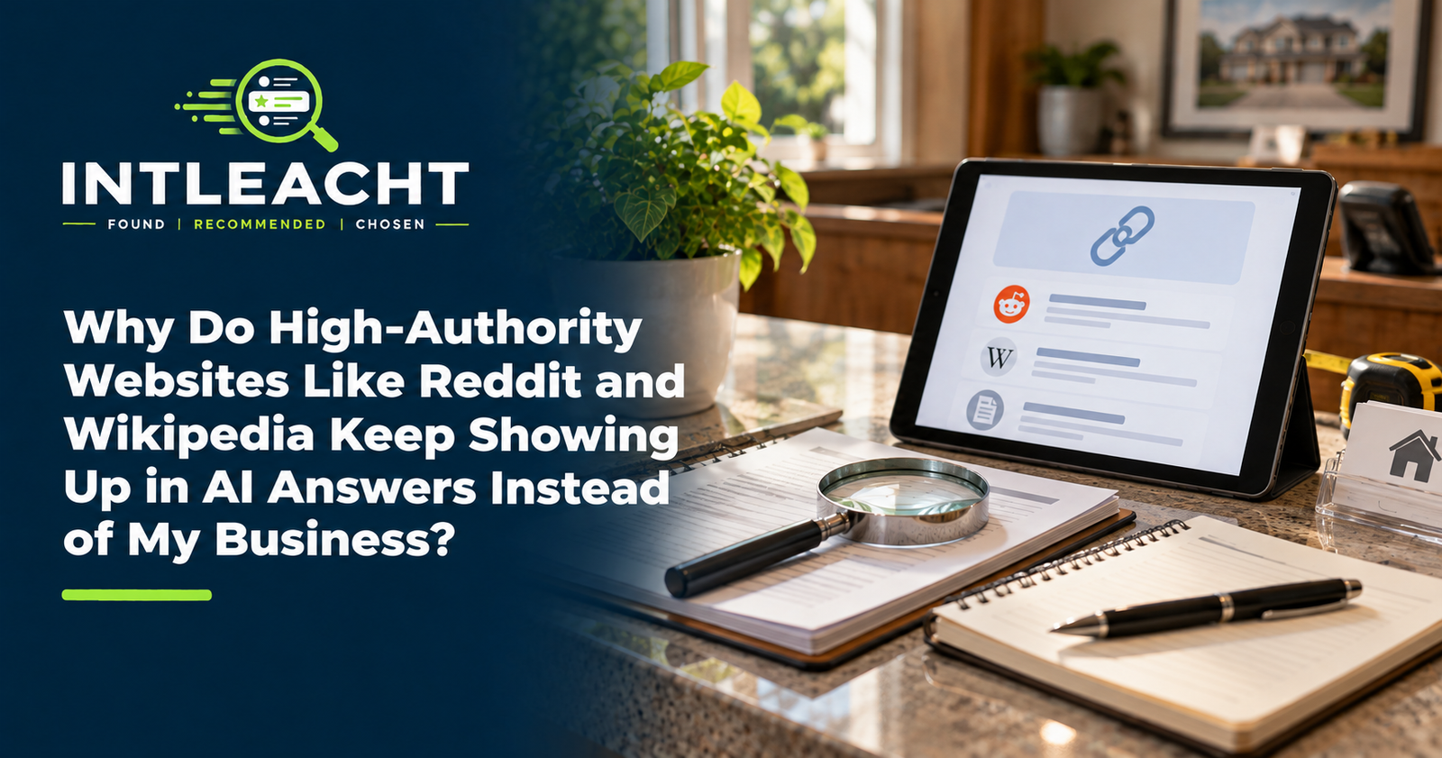 Intleacht branded graphic: Why Do High-Authority Websites Like Reddit and Wikipedia Keep Showing Up in AI Answers Instead of My Business?