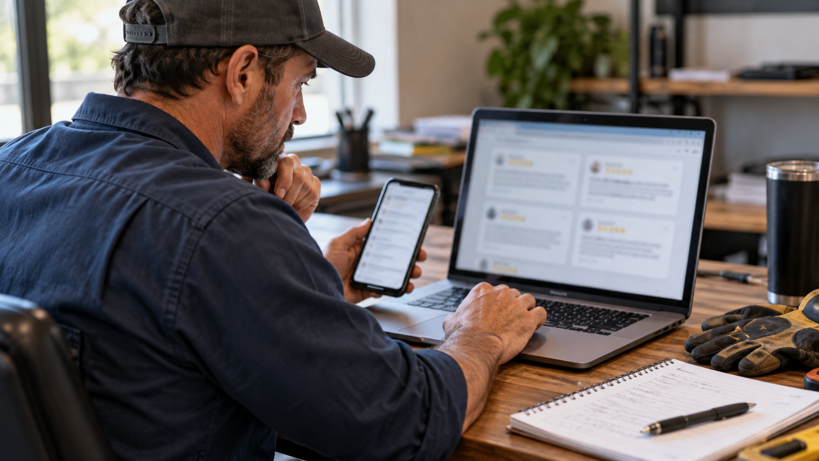 Home service business owner reviewing online customer feedback