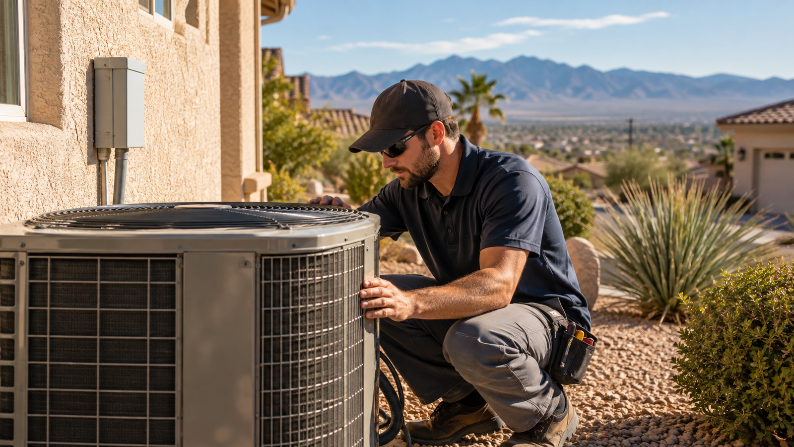 HVAC technician inspecting an outdoor condenser at a Las Vegas home